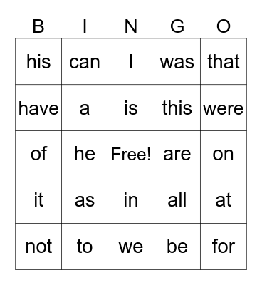 Sight Words Bingo Card