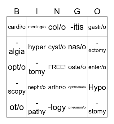 Medical Terminology Bingo Card