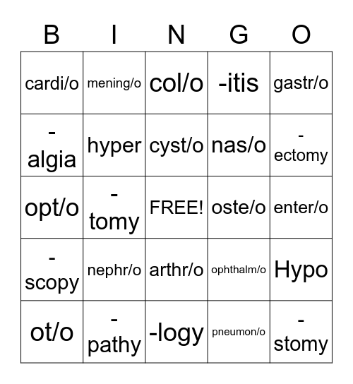 Medical Terminology Bingo Card