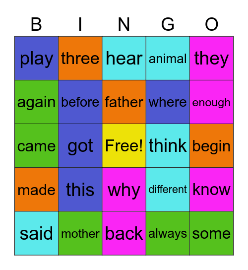 Sight word Bingo Card