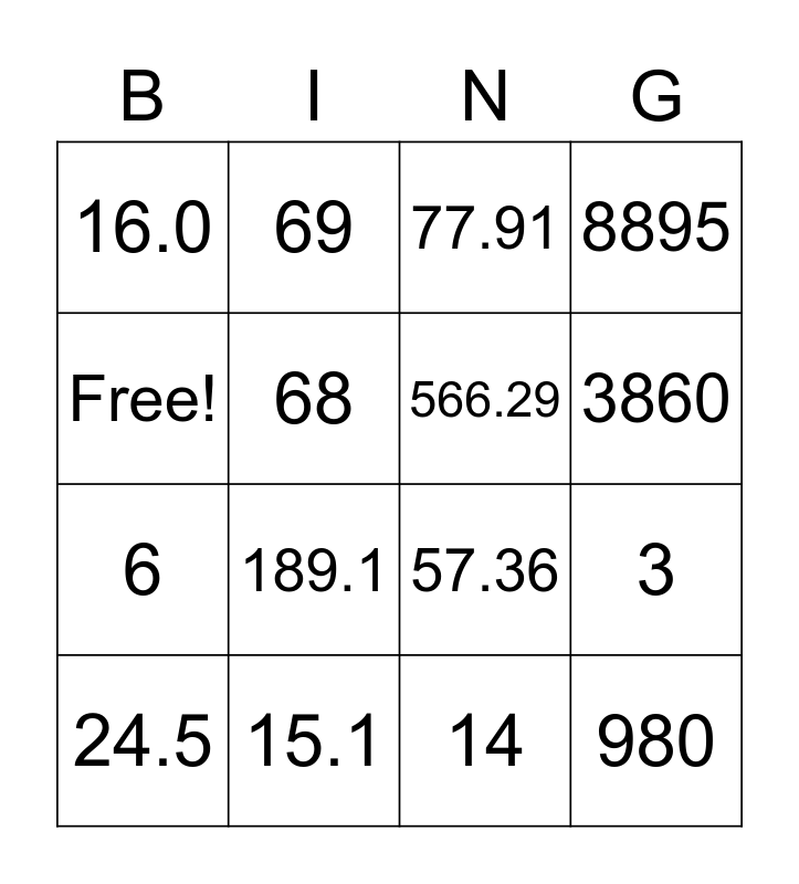Right Triangle Trig Bingo Card