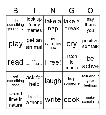 Self Care and Coping bingo Card