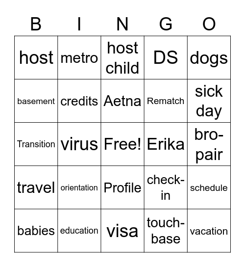 Au Pair Bingo Card