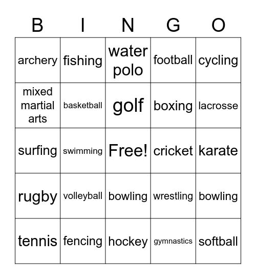 Sports Bingo Card