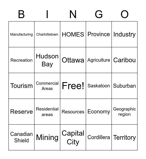 Ontario & Canada: Key Terms Bingo Card