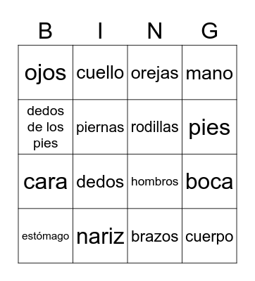 Partes del cuerpo Bingo Card