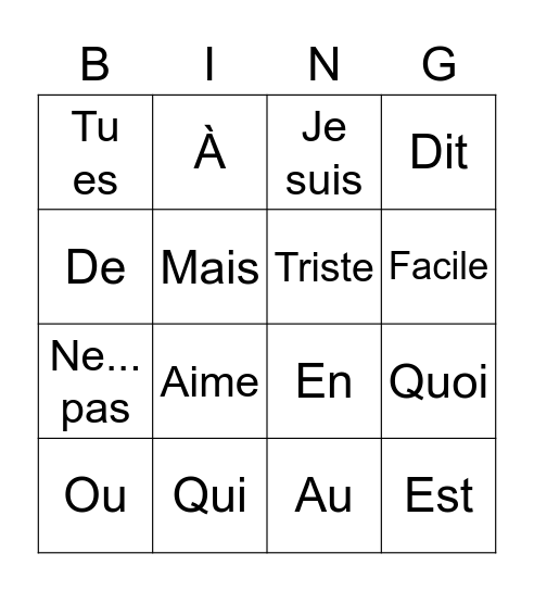Leçon 8/9 Bingo Card