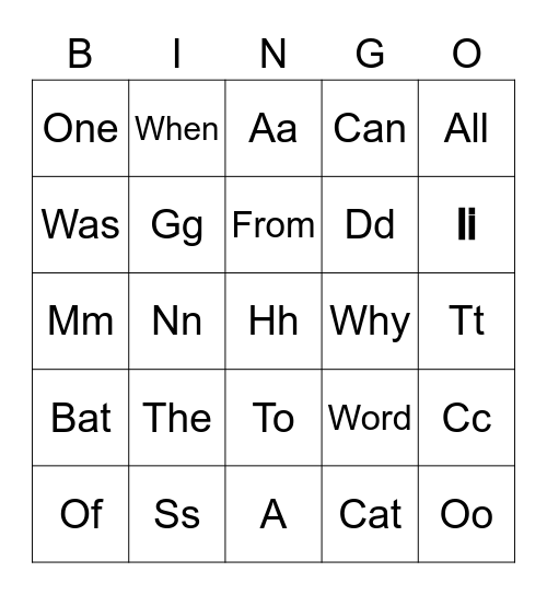 Sight Words and Letters Bingo Card