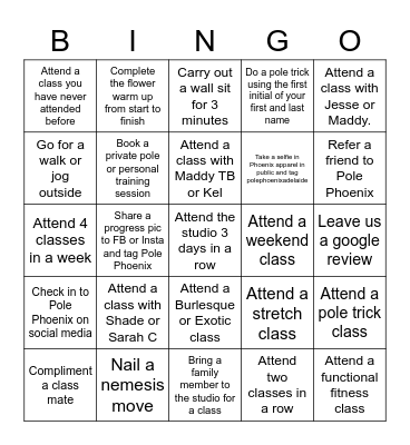 POLE  PHOENIX FITNESS BINGO Card