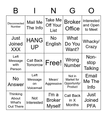 Cold Call Bingo Card