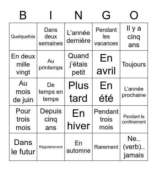 French time phrases Bingo Card