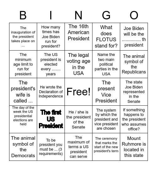 US Elections Bingo Card