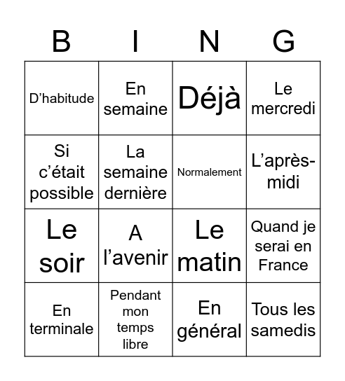 French Time Phrases Two Bingo Card