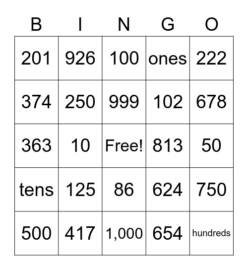 Place Value Bingo Card