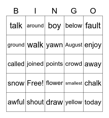 Spelling Unit 5 Bingo Card