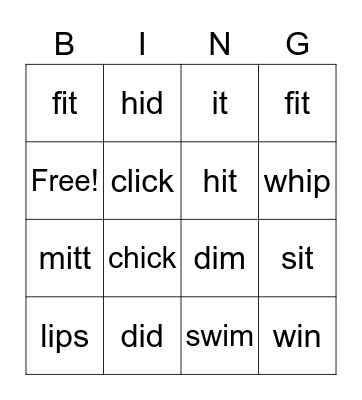 Short i word Bingo Card