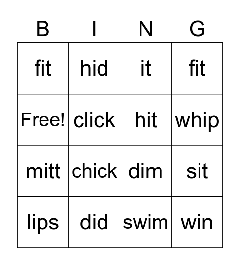 Short i word Bingo Card