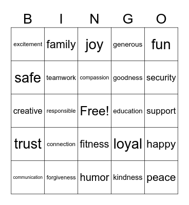 Values Bingo Card