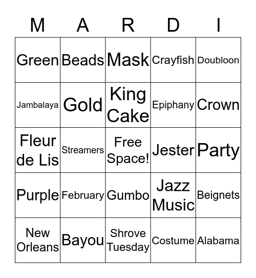 Mardi Gras Bingo Card