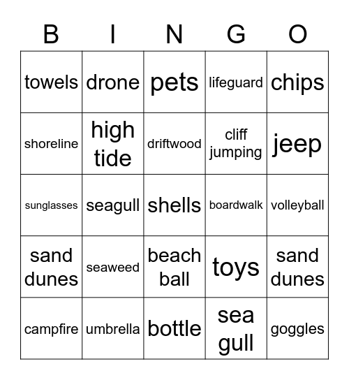 Things you find at a beach Bingo Card