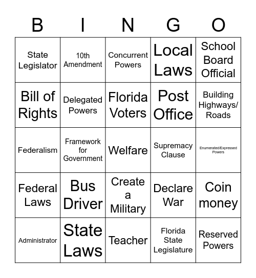 Federalism Bingo Card
