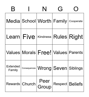 Developing Family Morals and Values Bingo Card