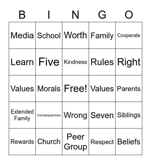 Developing Family Morals and Values Bingo Card