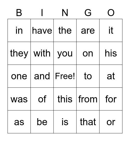 Sight Word List #1 Bingo Card