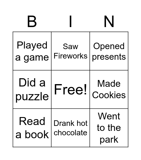 Winter Break Bingo Card