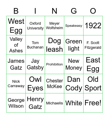 Gatsby Bingo Card