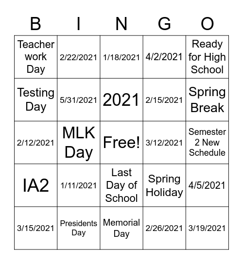 2021 Dates/Events Bingo Card