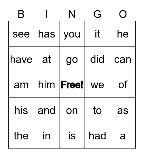 Sight Word Bingo Card