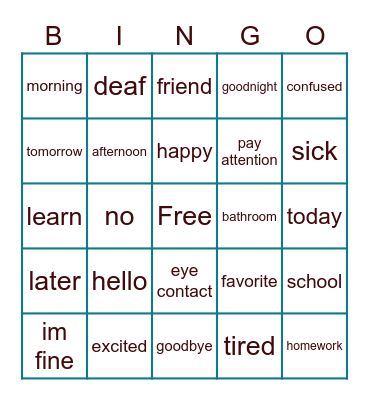 asl handshape bingo Card