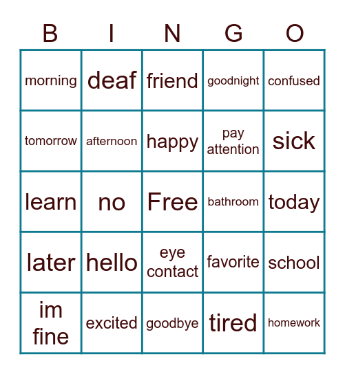 asl handshape bingo Card