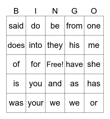 Sight Words Bingo Card