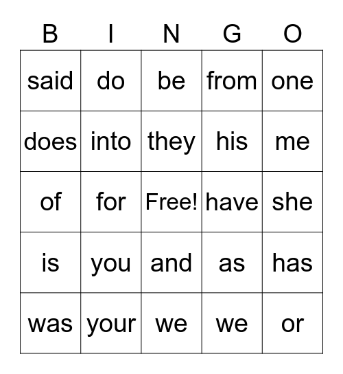 Sight Words Bingo Card