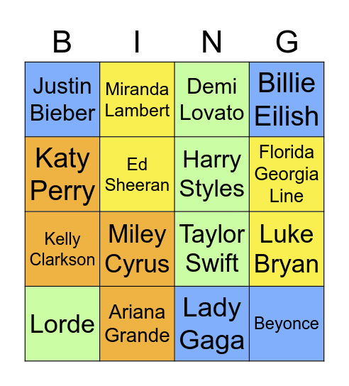 Music Artists Bingo Card