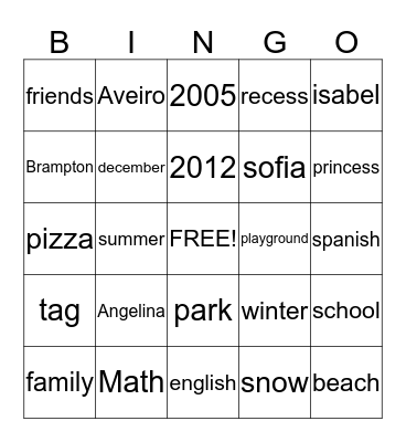 Angelina's 7th birthday Bingo Card