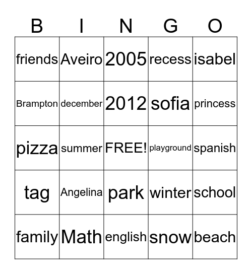 Angelina's 7th birthday Bingo Card