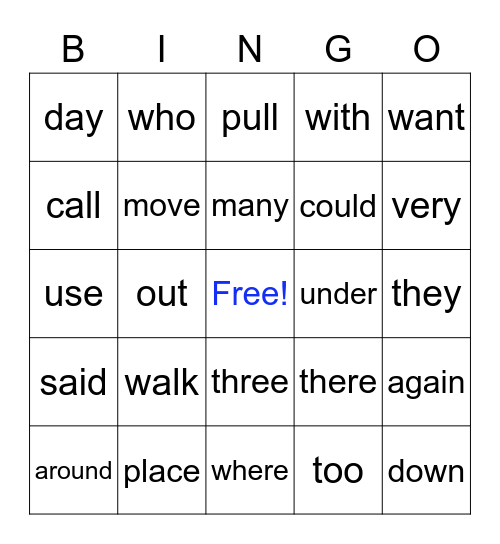 Sight Word Bingo (through Unit 2) Bingo Card
