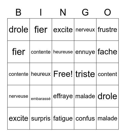 les emotions Bingo Card