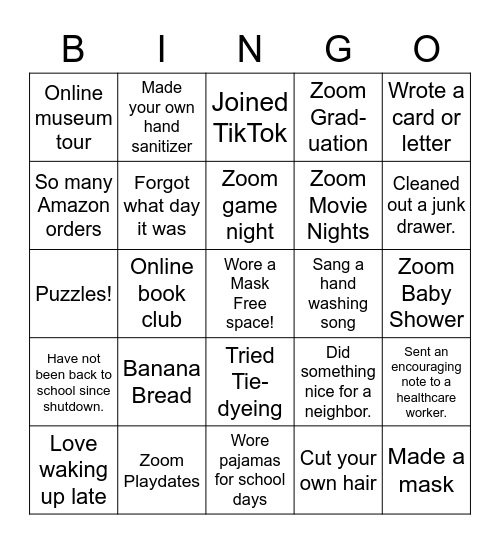 Grade 6 PANDEMIC Bingo Card