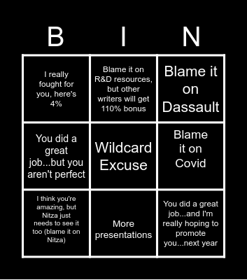 Manager bingo Card