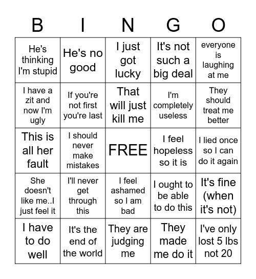 Stinking Thinking Bingo Card