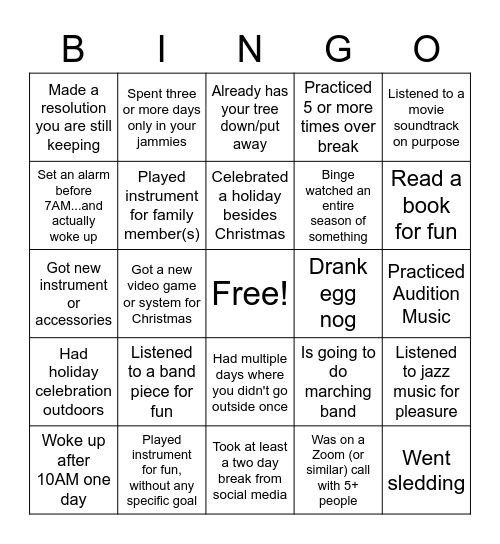 Post Holiday Break Band-Go Bingo Card
