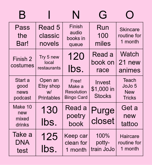 2021 Resolutions Bingo Card