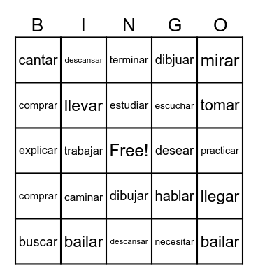 -AR Spanish Verbs Bingo Card