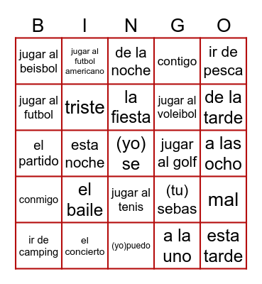 Spannish Vocab Bingo Card