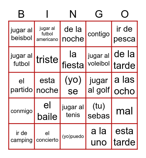 Spannish Vocab Bingo Card