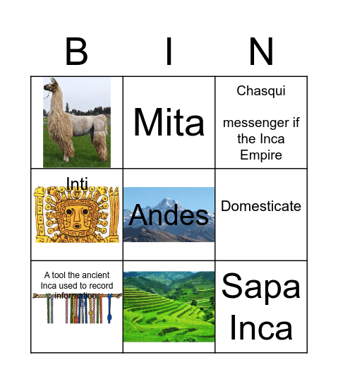 Inca Vocab Bingo Card